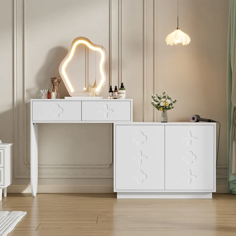 Coiffeuse blanche et armoire avec miroir LED 2 tiroirs et 4 étagères 160x40x132 cm ADJUSTBAR