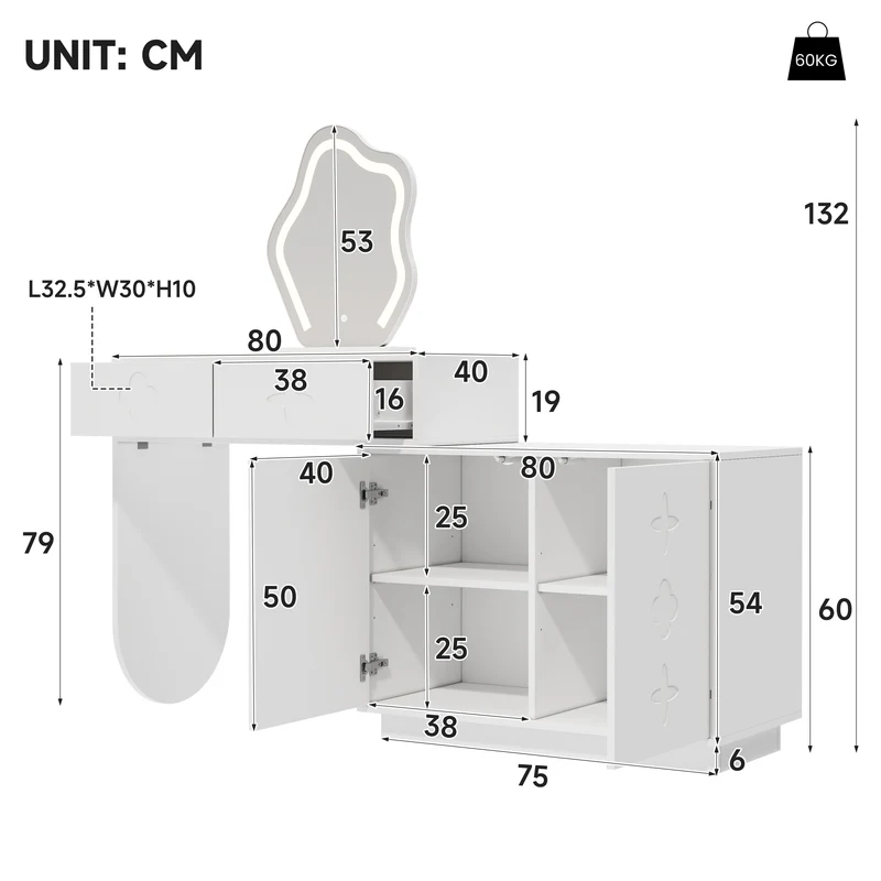 Coiffeuse blanche et armoire avec miroir LED 2 tiroirs et 4 étagères 160x40x132 cm ADJUSTBAR