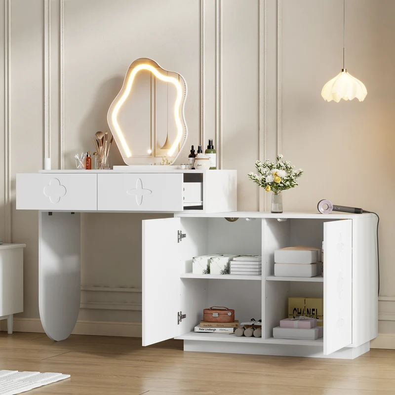 Coiffeuse blanche et armoire avec miroir LED 2 tiroirs et 4 étagères 160x40x132 cm ADJUSTBAR