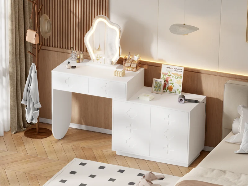 Coiffeuse blanche et armoire avec miroir LED 2 tiroirs et 4 étagères 160x40x132 cm ADJUSTBAR