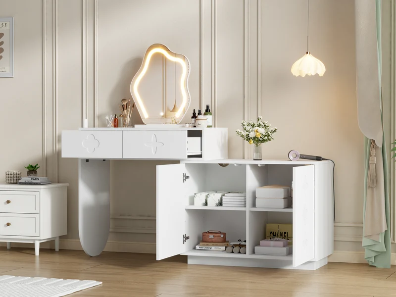 Coiffeuse blanche et armoire avec miroir LED 2 tiroirs et 4 étagères 160x40x132 cm ADJUSTBAR