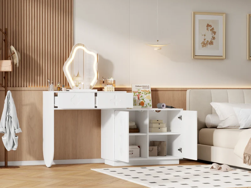 Coiffeuse blanche et armoire avec miroir LED 2 tiroirs et 4 étagères 160x40x132 cm ADJUSTBAR