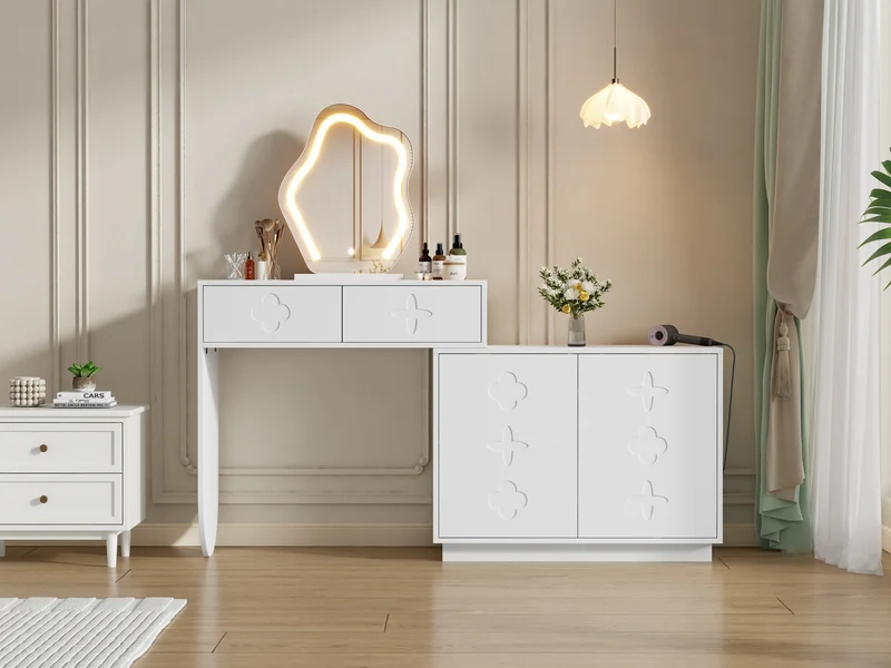 Coiffeuse blanche et armoire avec miroir LED 2 tiroirs et 4 étagères 160x40x132 cm ADJUSTBAR