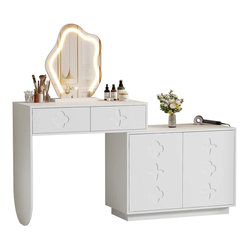 Coiffeuse blanche et armoire avec miroir LED 2 tiroirs et 4 étagères 160x40x132 cm ADJUSTBAR
