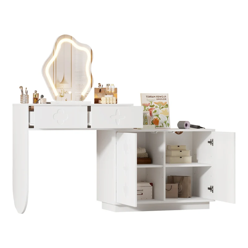 Coiffeuse blanche et armoire avec miroir LED 2 tiroirs et 4 étagères 160x40x132 cm ADJUSTBAR