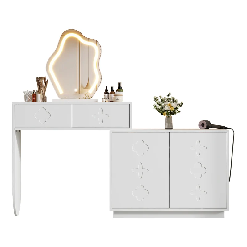Coiffeuse blanche et armoire avec miroir LED 2 tiroirs et 4 étagères 160x40x132 cm ADJUSTBAR