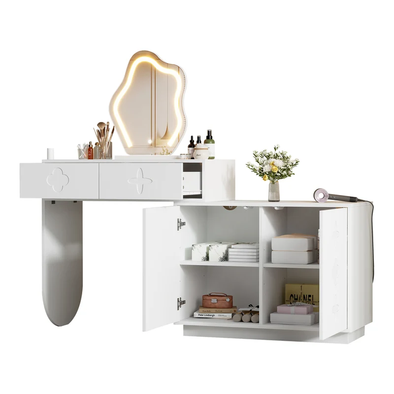 Coiffeuse blanche et armoire avec miroir LED 2 tiroirs et 4 étagères 160x40x132 cm ADJUSTBAR