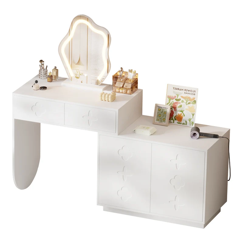 Coiffeuse blanche et armoire avec miroir LED 2 tiroirs et 4 étagères 160x40x132 cm ADJUSTBAR