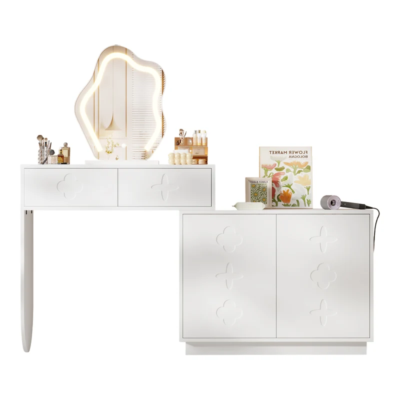 Coiffeuse blanche et armoire avec miroir LED 2 tiroirs et 4 étagères 160x40x132 cm ADJUSTBAR
