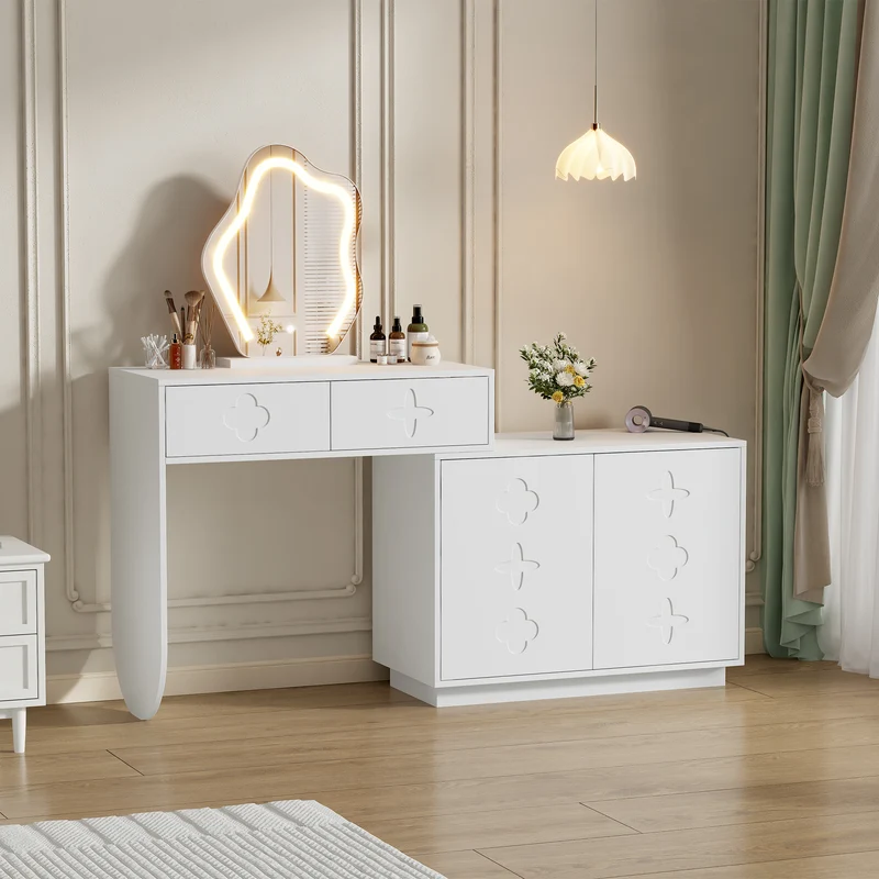 Coiffeuse blanche et armoire avec miroir LED 2 tiroirs et 4 étagères 160x40x132 cm ADJUSTBAR