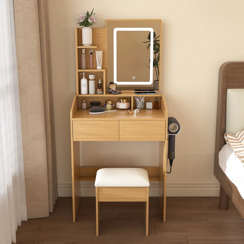 Coiffeuse effet bois avec miroir LED, prise et tabouret rembourré ALUMINUMBOOKCASE