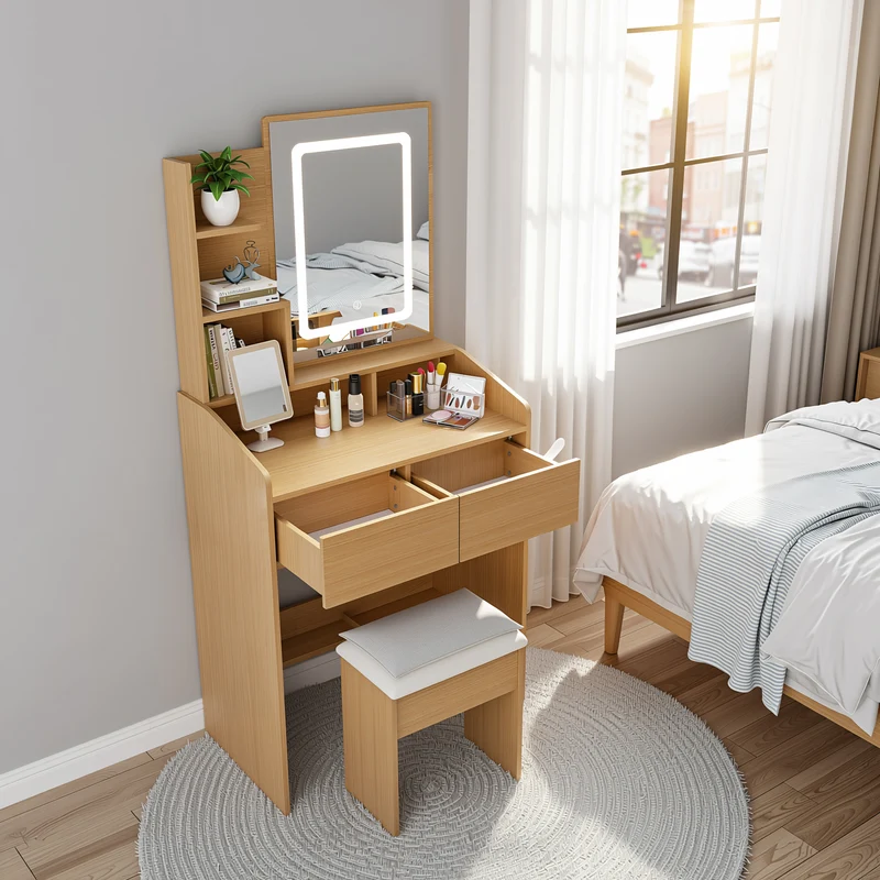 Coiffeuse effet bois avec miroir LED, prise et tabouret rembourré ALUMINUMBOOKCASE