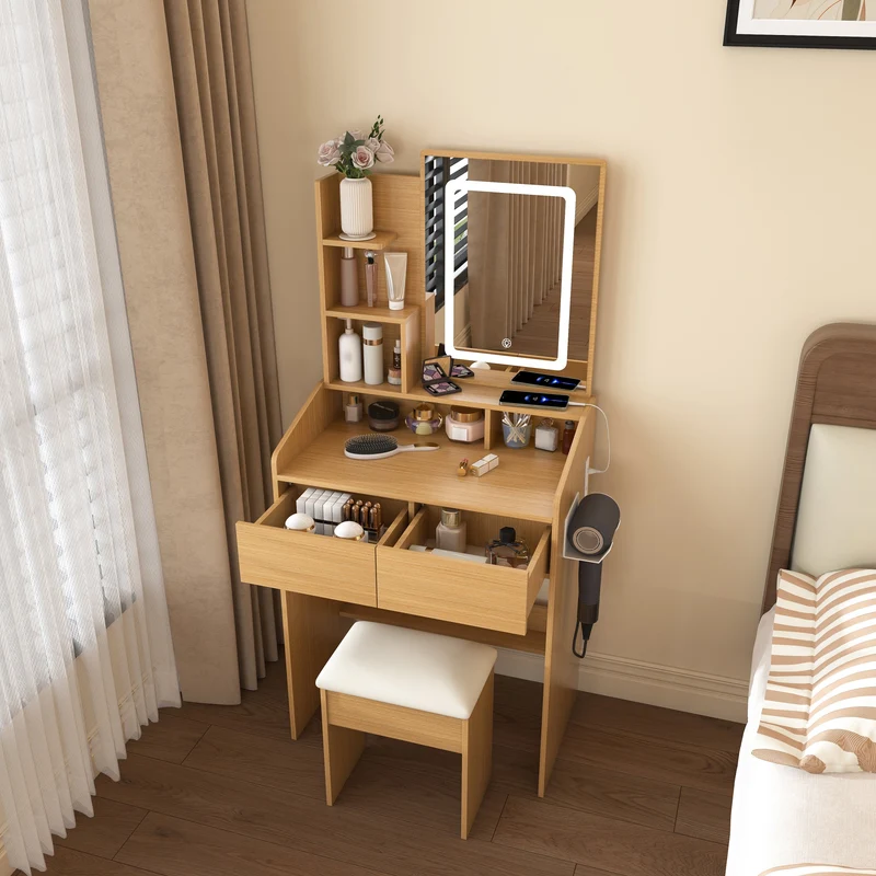 Coiffeuse effet bois avec miroir LED, prise et tabouret rembourré ALUMINUMBOOKCASE