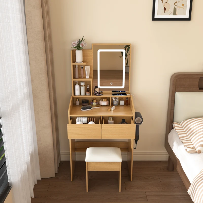 Coiffeuse effet bois avec miroir LED, prise et tabouret rembourré ALUMINUMBOOKCASE