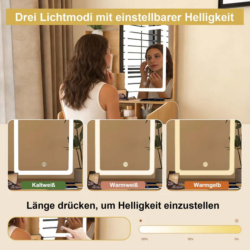 Coiffeuse effet bois avec miroir LED, prise et tabouret rembourré ALUMINUMBOOKCASE