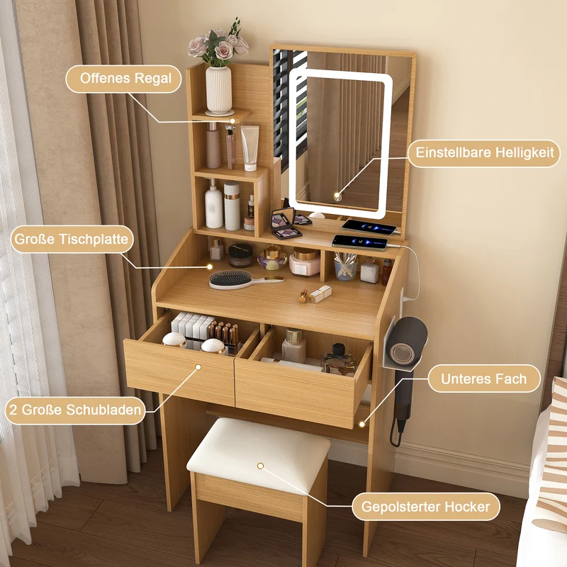 Coiffeuse effet bois avec miroir LED, prise et tabouret rembourré ALUMINUMBOOKCASE