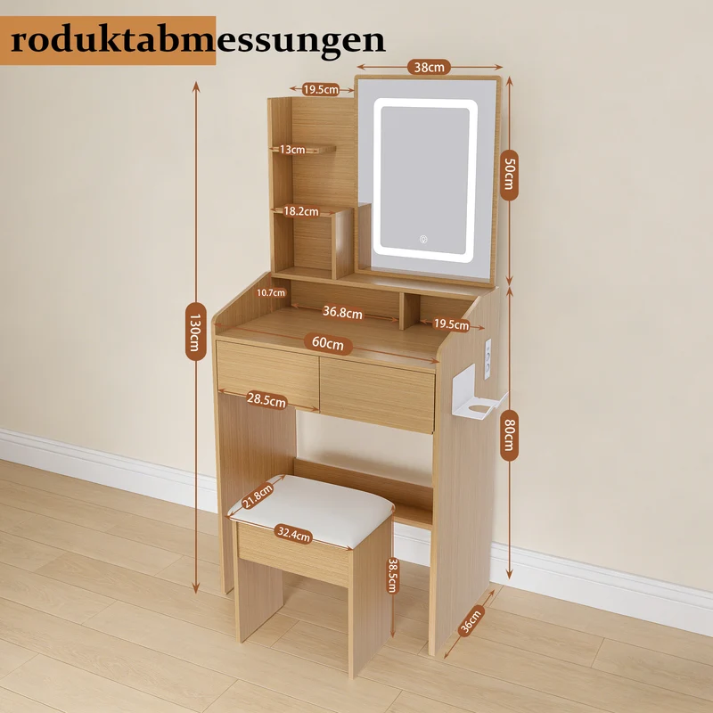 Coiffeuse effet bois avec miroir LED, prise et tabouret rembourré ALUMINUMBOOKCASE