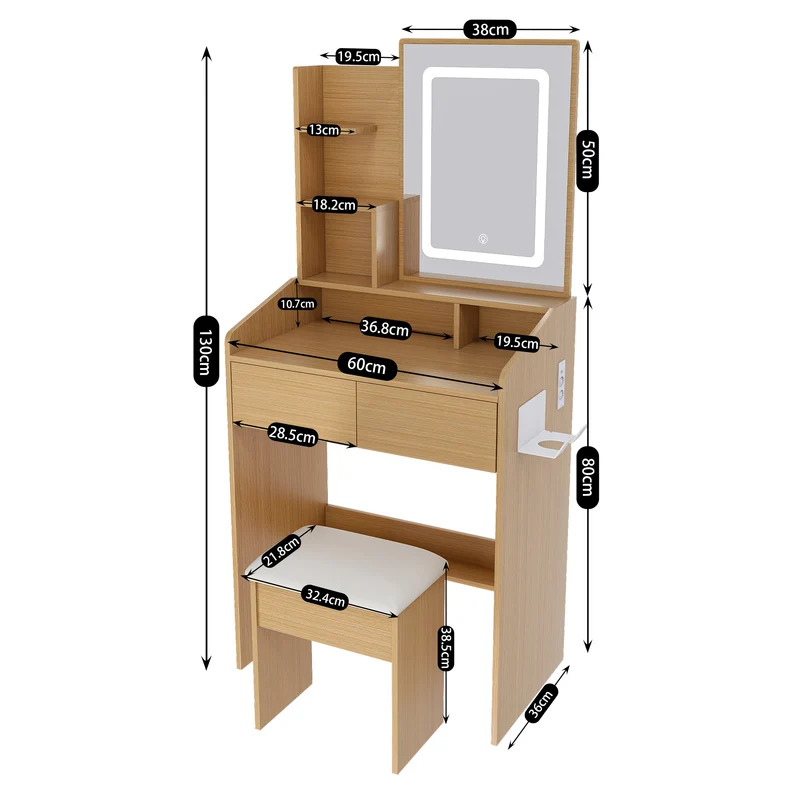 Coiffeuse effet bois avec miroir LED, prise et tabouret rembourré ALUMINUMBOOKCASE