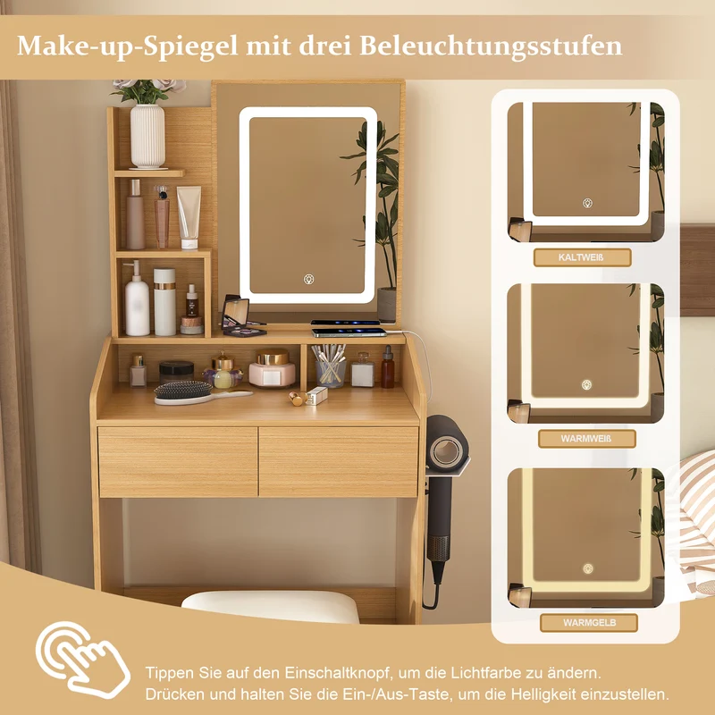 Coiffeuse effet bois avec miroir LED, prise et tabouret rembourré ALUMINUMBOOKCASE