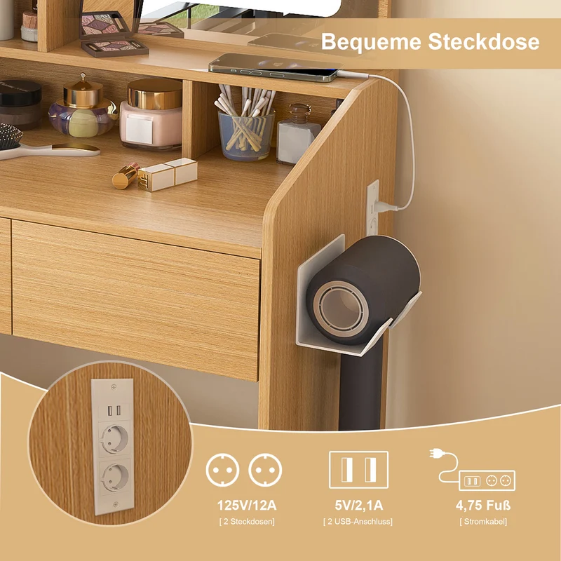 Coiffeuse effet bois avec miroir LED, prise et tabouret rembourré ALUMINUMBOOKCASE
