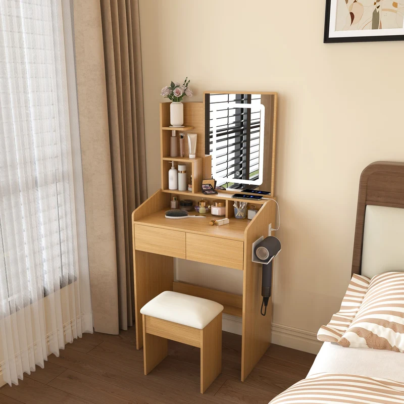 Coiffeuse effet bois avec miroir LED, prise et tabouret rembourré ALUMINUMBOOKCASE