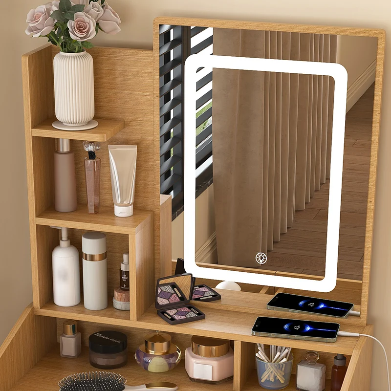 Coiffeuse effet bois avec miroir LED, prise et tabouret rembourré ALUMINUMBOOKCASE