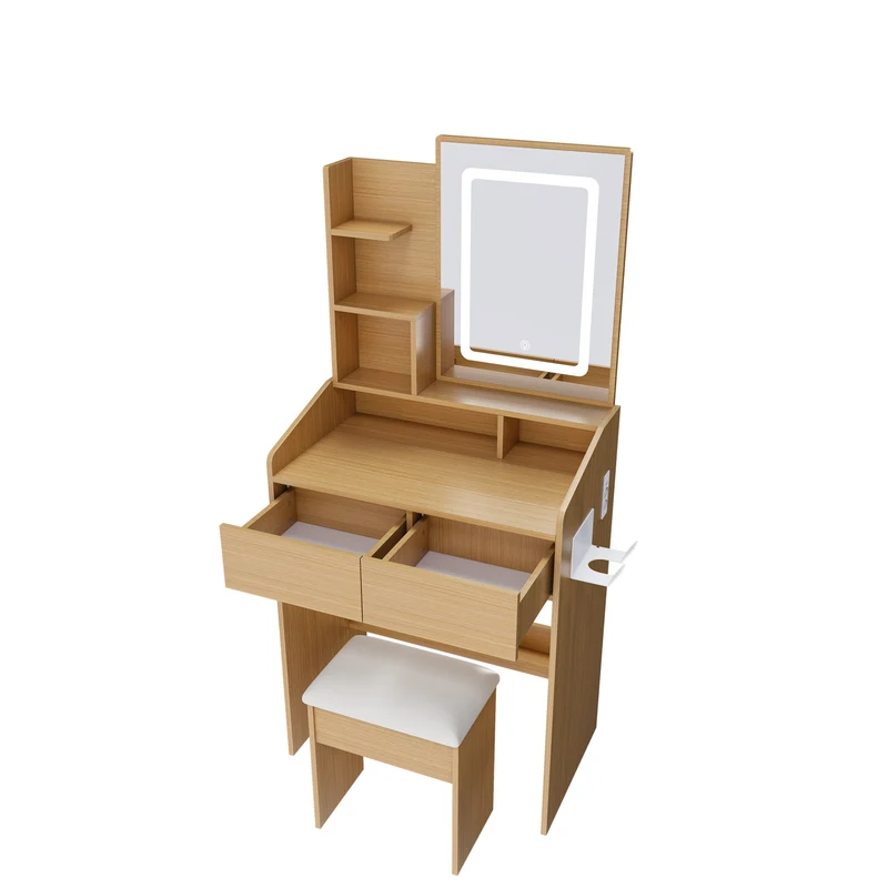 Coiffeuse effet bois avec miroir LED, prise et tabouret rembourré ALUMINUMBOOKCASE