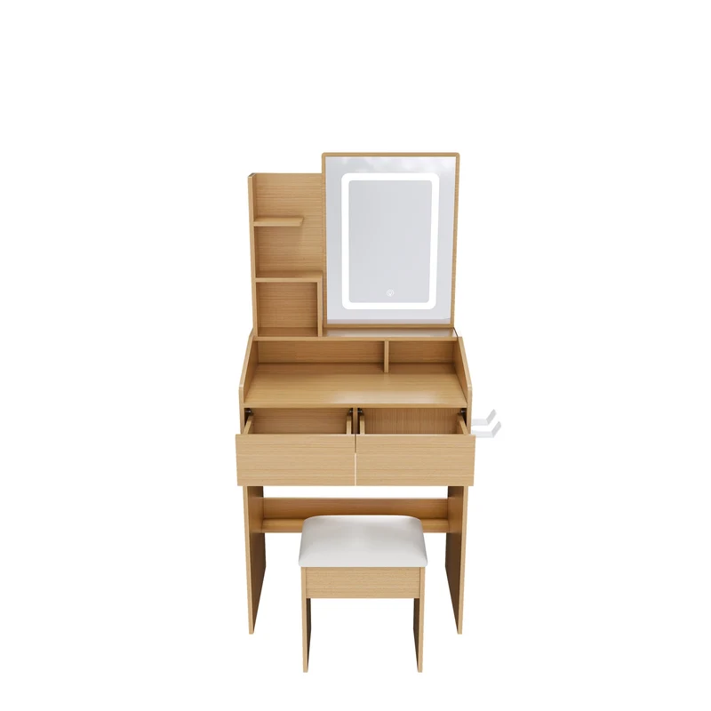 Coiffeuse effet bois avec miroir LED, prise et tabouret rembourré ALUMINUMBOOKCASE