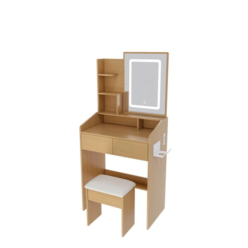 Coiffeuse effet bois avec miroir LED, prise et tabouret rembourré ALUMINUMBOOKCASE