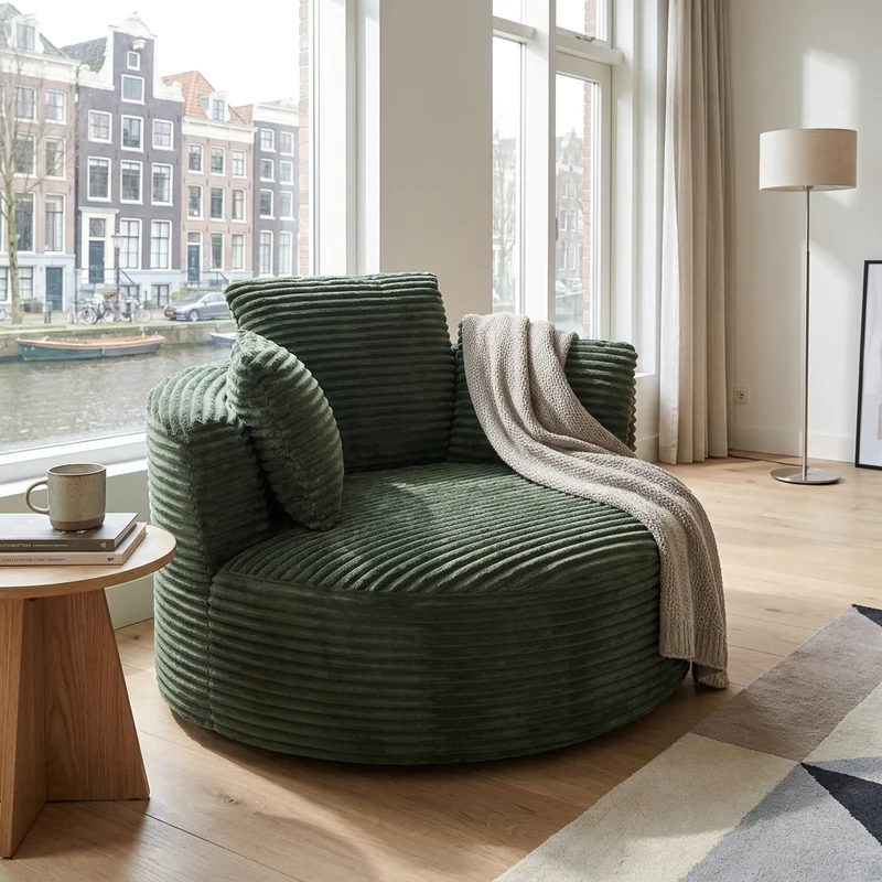 Fauteuil rond lounge en velours côtelé vert, assise profonde ADJUSTMAPLELINE
