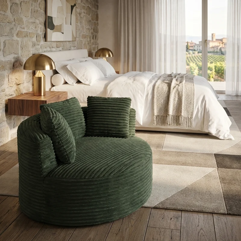 Fauteuil rond lounge en velours côtelé vert, assise profonde ADJUSTMAPLELINE
