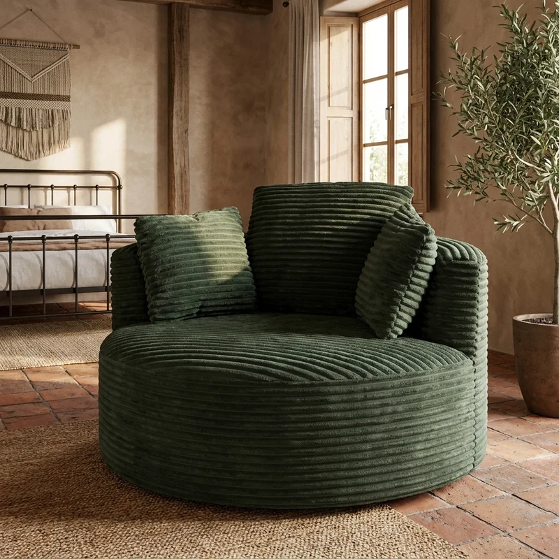 Fauteuil rond lounge en velours côtelé vert, assise profonde ADJUSTMAPLELINE