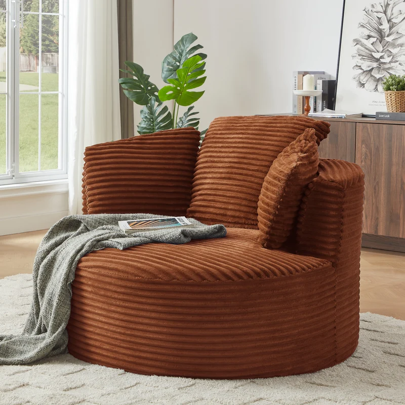 Fauteuil rond lounge en velours côtelé orange, assise profonde ADJUSTIRONSTYLE