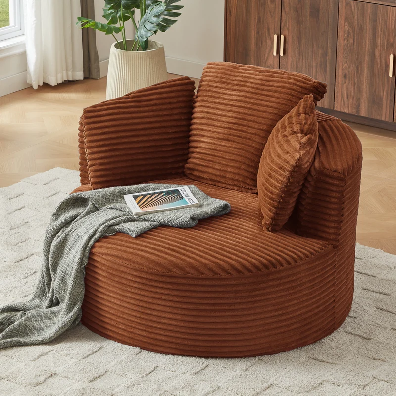 Fauteuil rond lounge en velours côtelé orange, assise profonde ADJUSTIRONSTYLE