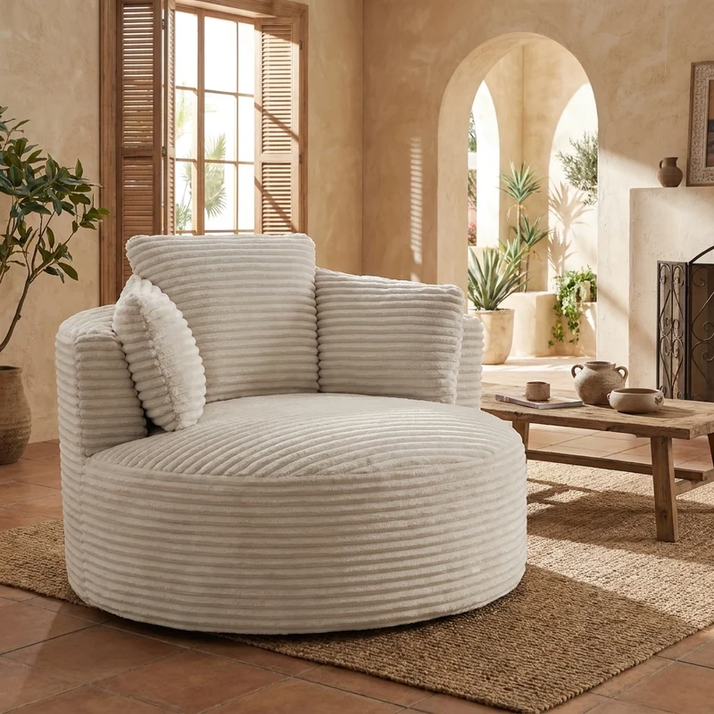 Fauteuil rond lounge en velours côtelé beige, assise profonde SAPPHIRESHORE