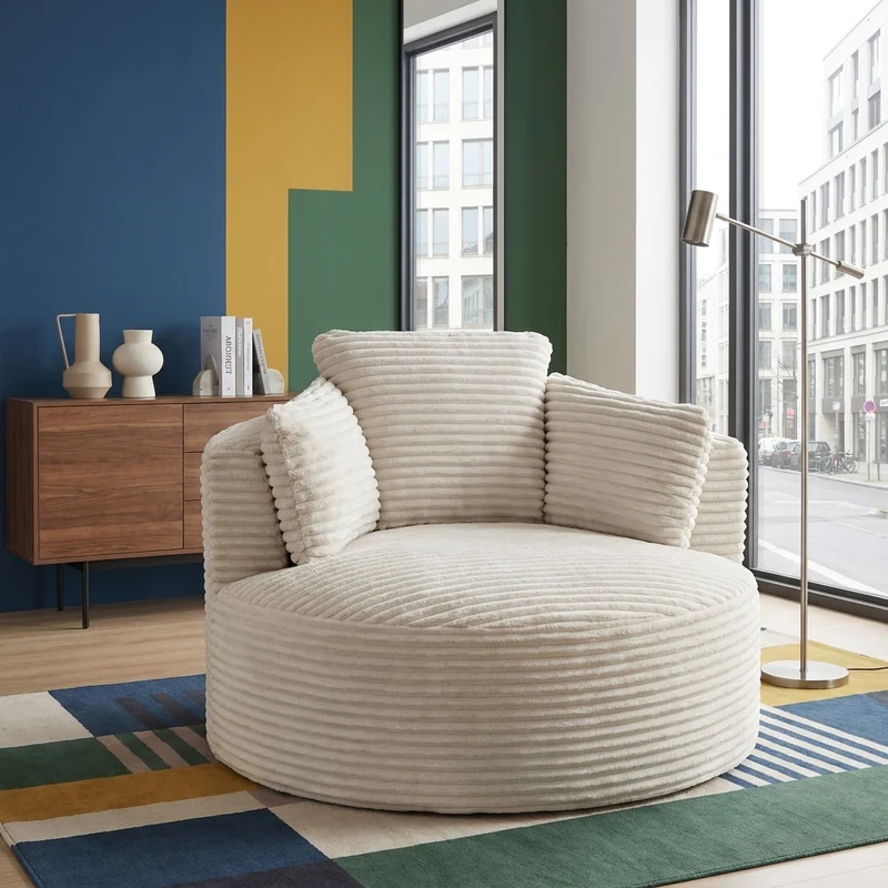 Fauteuil rond lounge en velours côtelé beige, assise profonde SAPPHIRESHORE