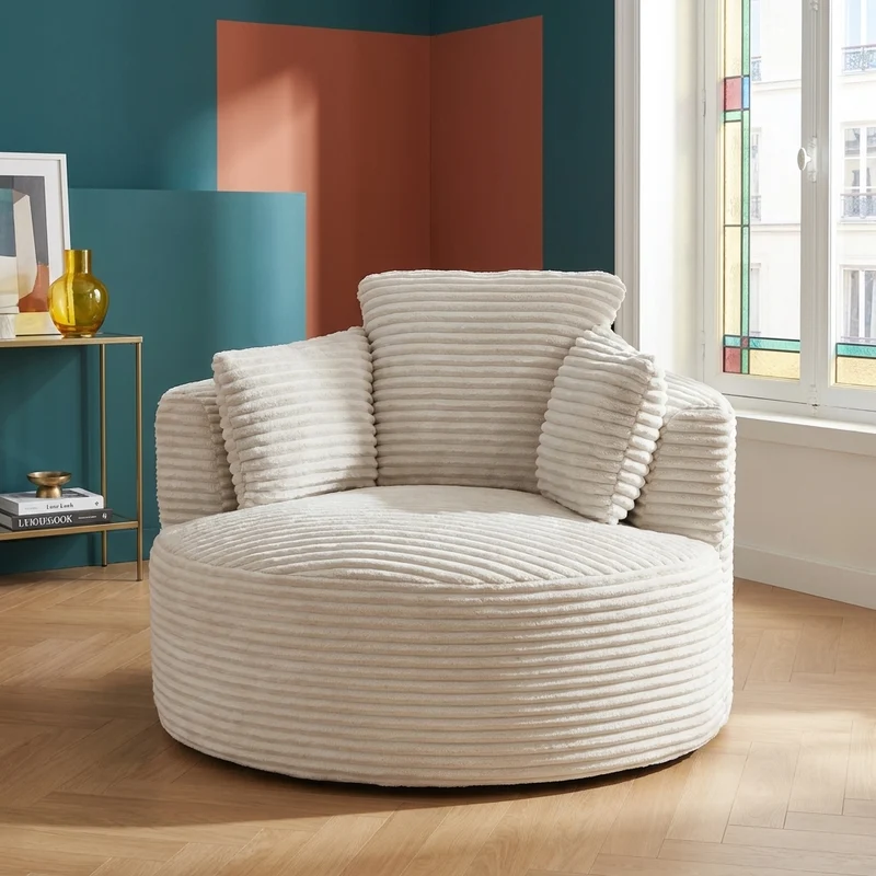 Fauteuil rond lounge en velours côtelé beige, assise profonde SAPPHIRESHORE