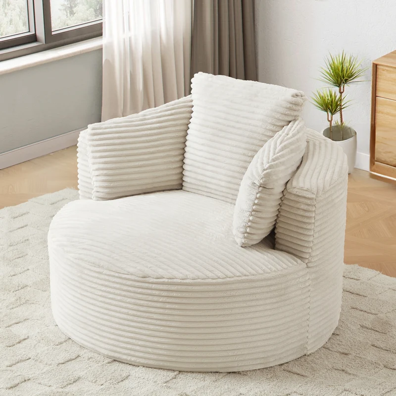 Fauteuil rond lounge en velours côtelé beige, assise profonde SAPPHIRESHORE