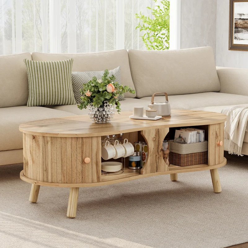 Table basse effet bois naturel design latte 2 portes coulissantes ADJUSTARMOIRE