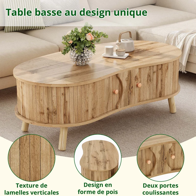 Table basse effet bois naturel design latte 2 portes coulissantes ADJUSTARMOIRE