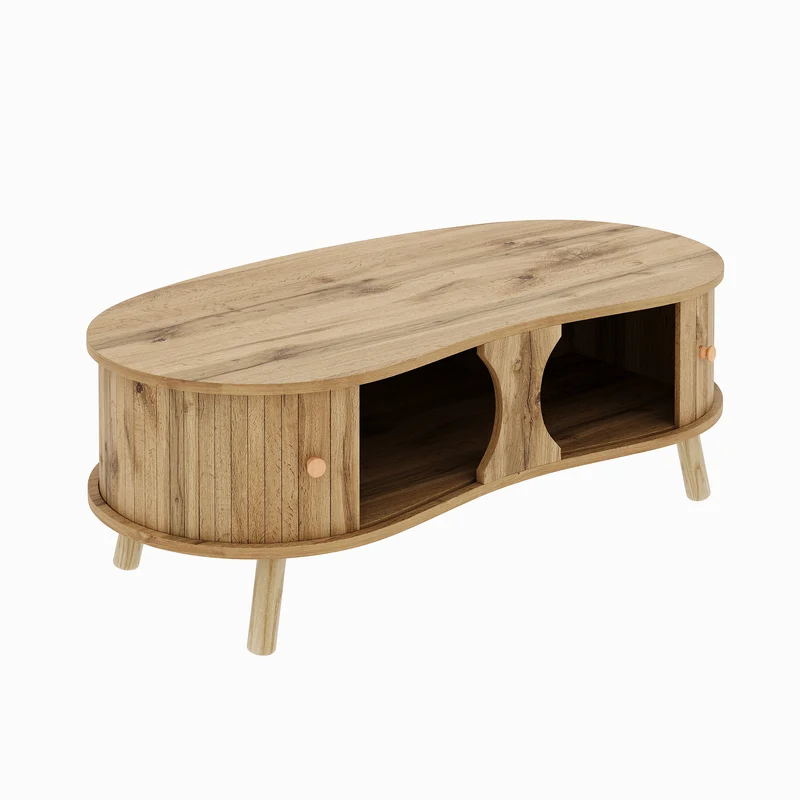 Table basse effet bois naturel design latte 2 portes coulissantes ADJUSTARMOIRE