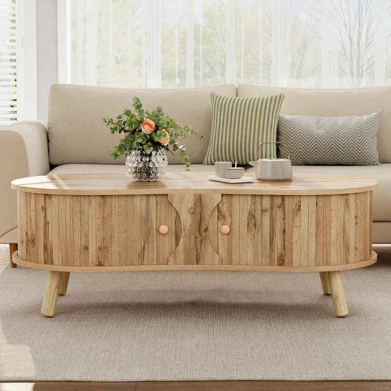 Table basse effet bois naturel design latte 2 portes coulissantes ADJUSTARMOIRE