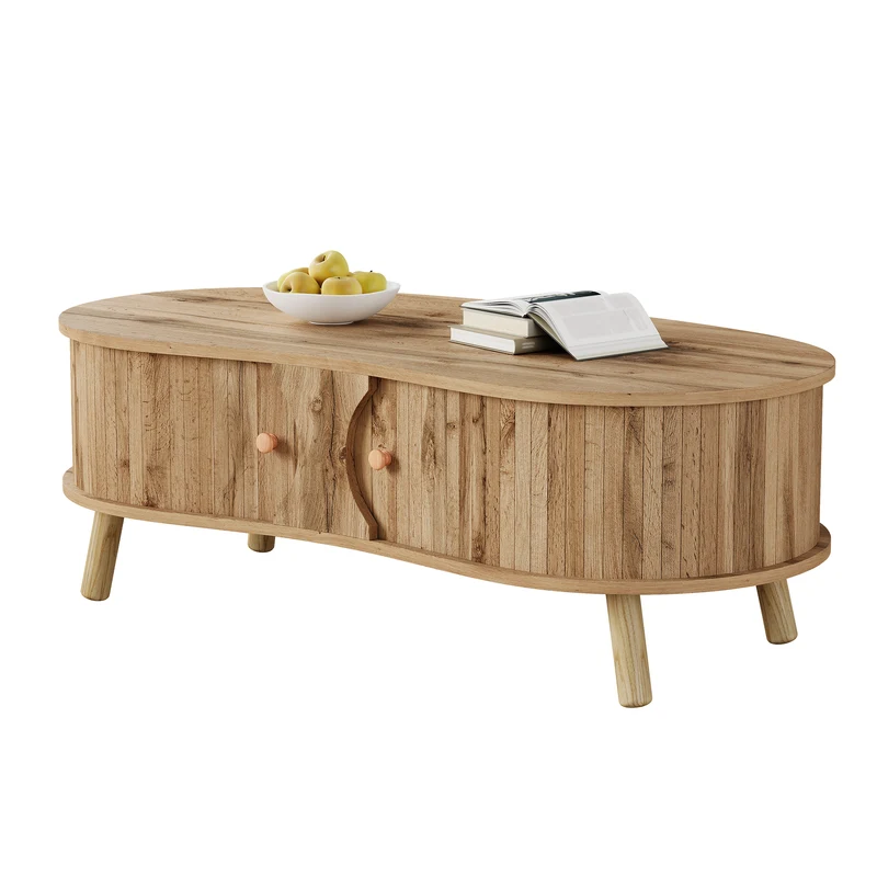 Table basse effet bois naturel design latte 2 portes coulissantes ADJUSTARMOIRE