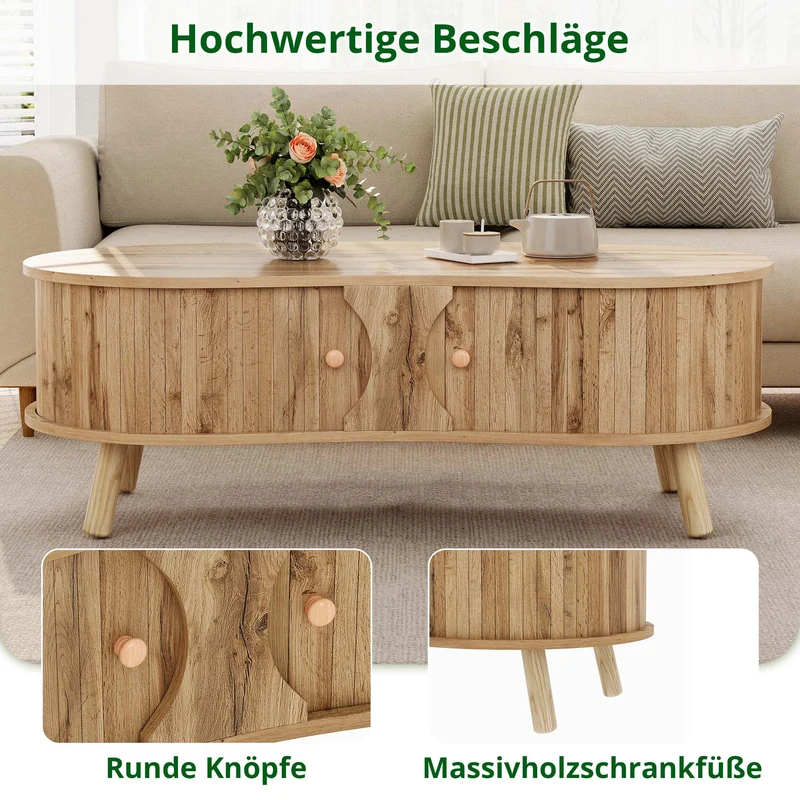 Table basse effet bois naturel design latte 2 portes coulissantes ADJUSTARMOIRE