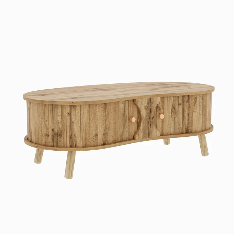 Table basse effet bois naturel design latte 2 portes coulissantes ADJUSTARMOIRE