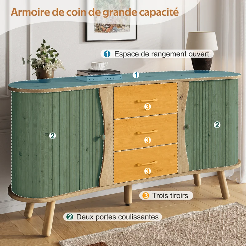 Buffet forme de pois effet bois naturel design latte 2 portes coulissantes 3 tiroirs TITANIUMTRAIL