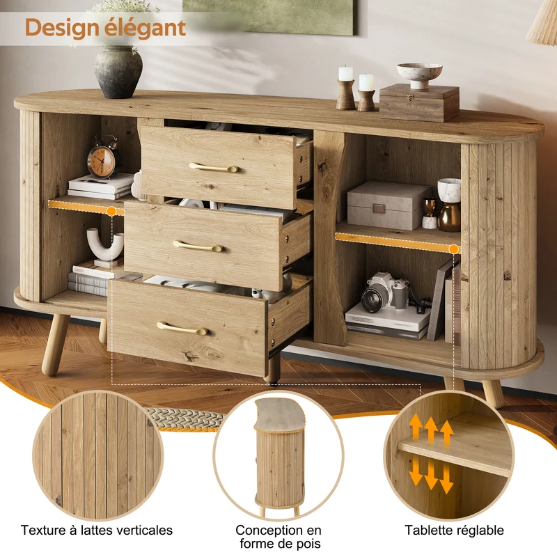 Buffet forme de pois effet bois naturel design latte 2 portes coulissantes 3 tiroirs TITANIUMTRAIL