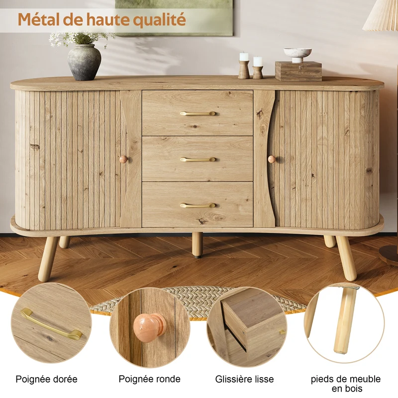 Buffet forme de pois effet bois naturel design latte 2 portes coulissantes 3 tiroirs TITANIUMTRAIL