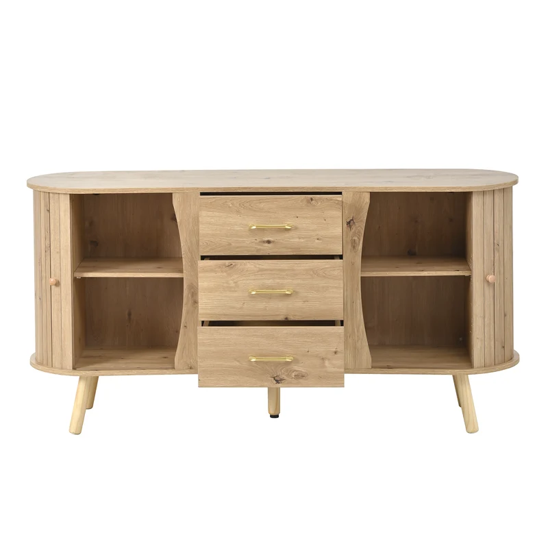 Buffet forme de pois effet bois naturel design latte 2 portes coulissantes 3 tiroirs TITANIUMTRAIL