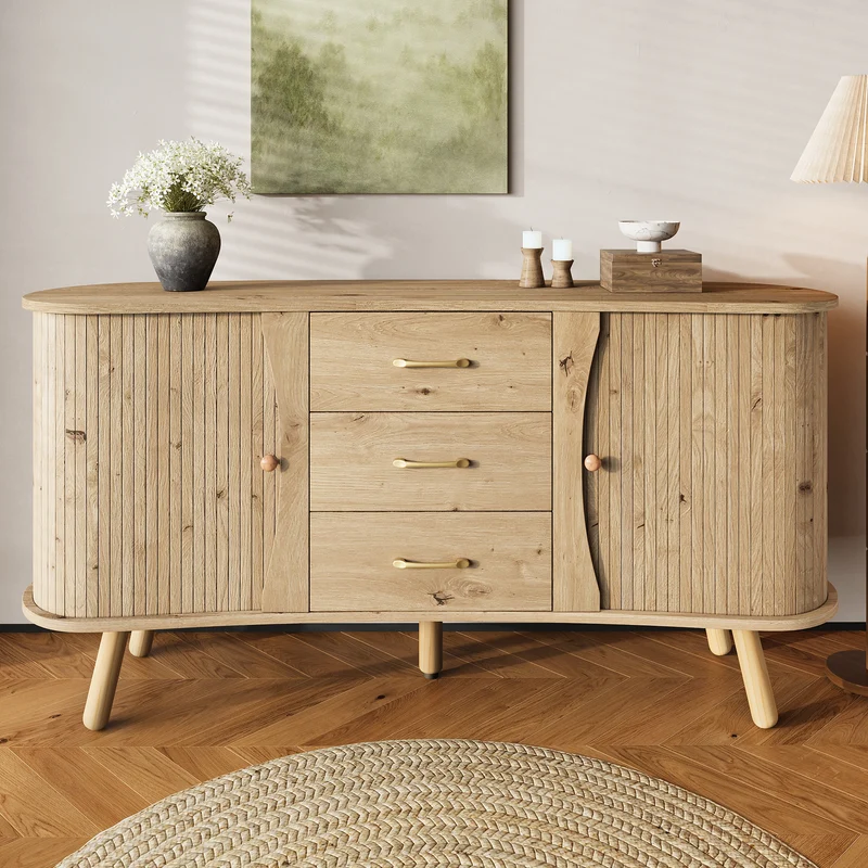 Buffet forme de pois effet bois naturel design latte 2 portes coulissantes 3 tiroirs TITANIUMTRAIL